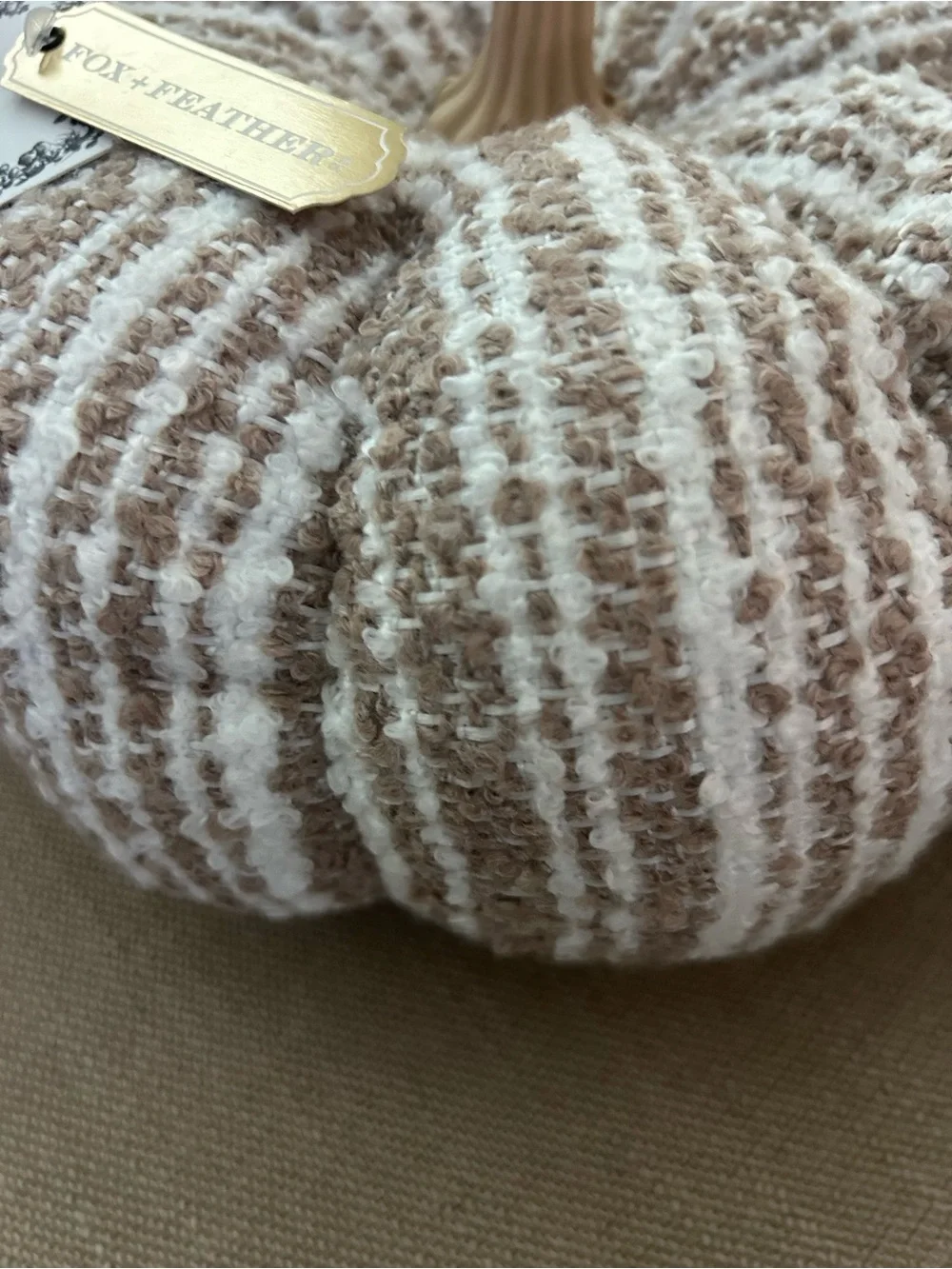 “New” Fox + Feather Neutral Striped Knit Pumpkin Holiday Pillow